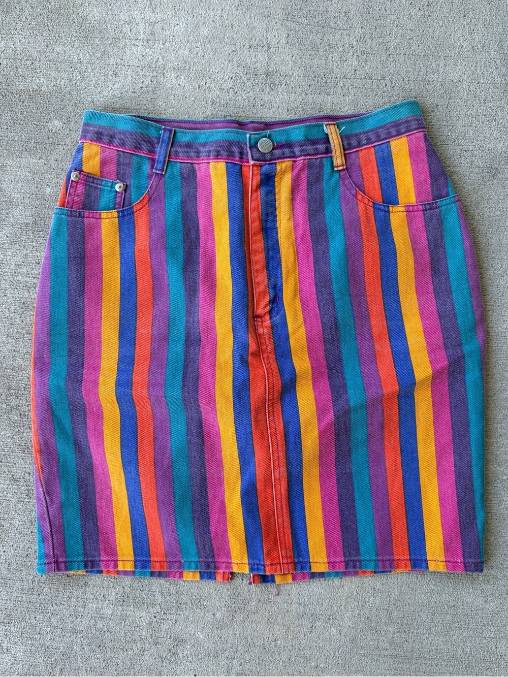 Vintage 80s Gitano rainbow striped mini skirt denim boho hippie bottoms retro